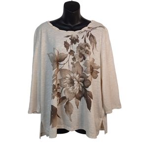 Alfred Dunner Women's Floral Print Embellished  3/4 Sleeves Top Blouse Size XL